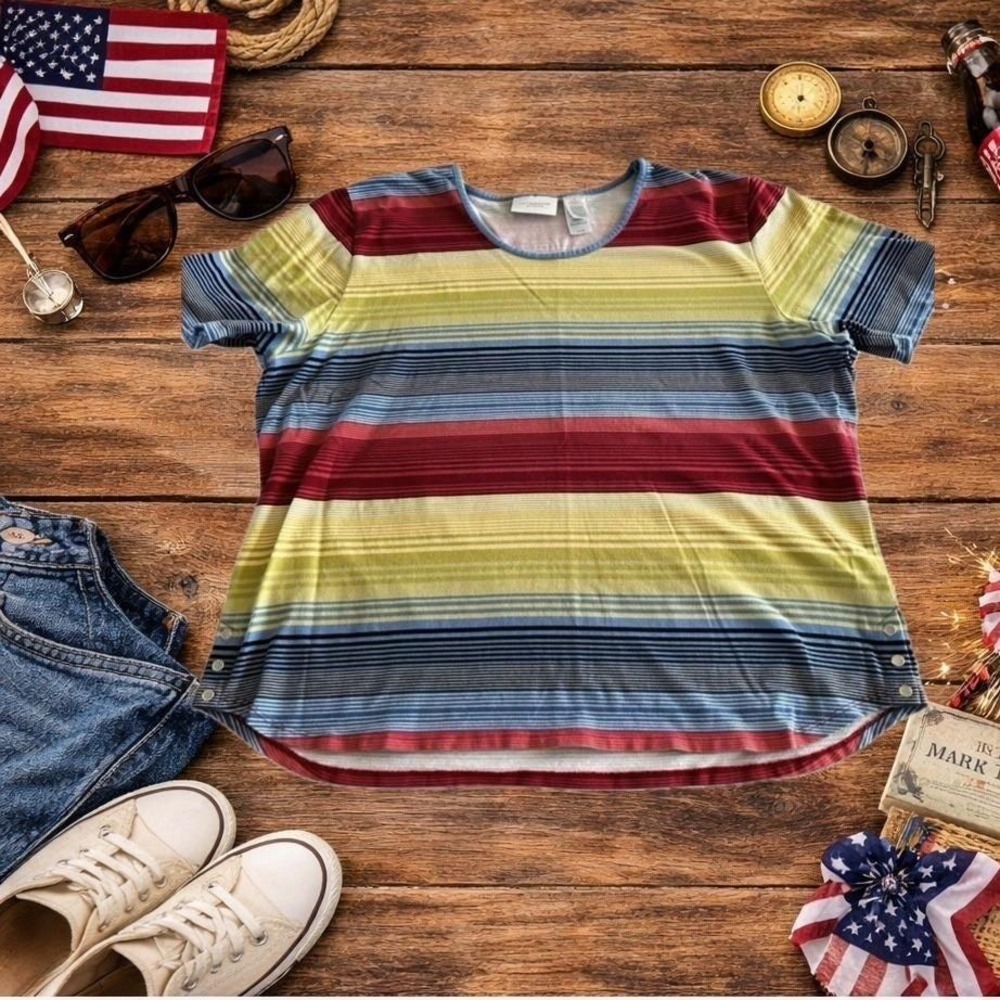 Old Money Coastal Stripe Tee Classic Preppy Short Sleeve Summer Top Wms 2X Vtg